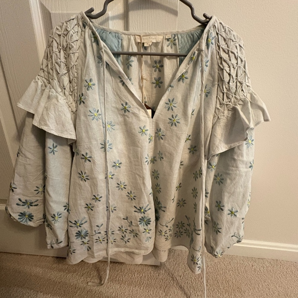 NWT Anthropologie Embroidered Floral Puff Sleeve Top Boho - Picture 3 of 10